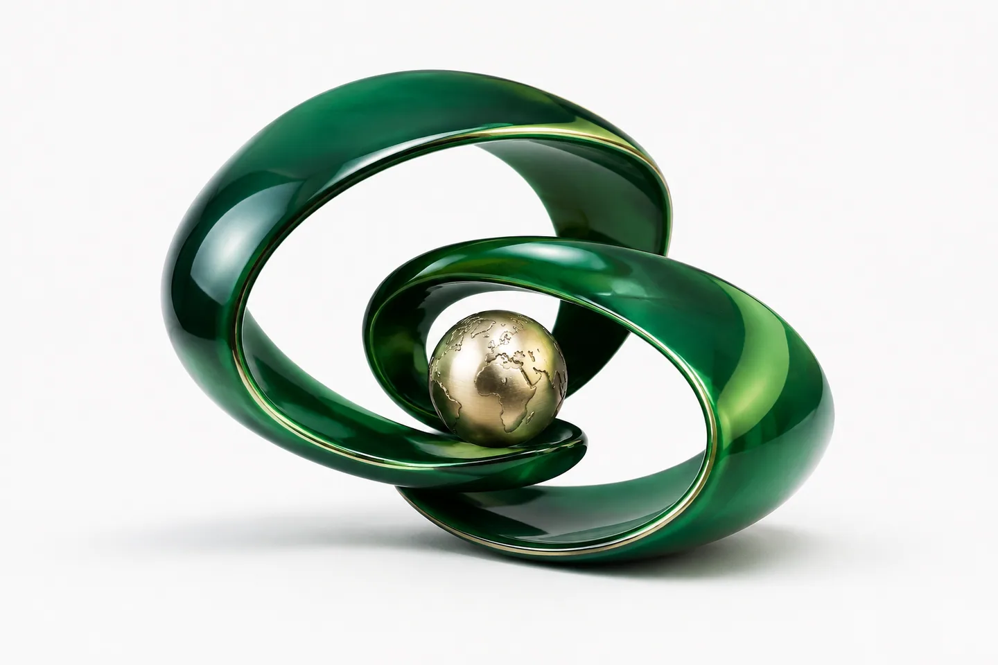 Emerald loops around a globe, connecting countries